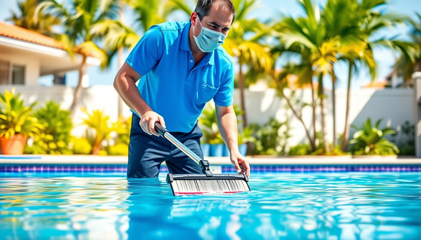 Expert swimming pool service Pinellas County technician enhancing pool cleanliness in a sunny backyard setting.