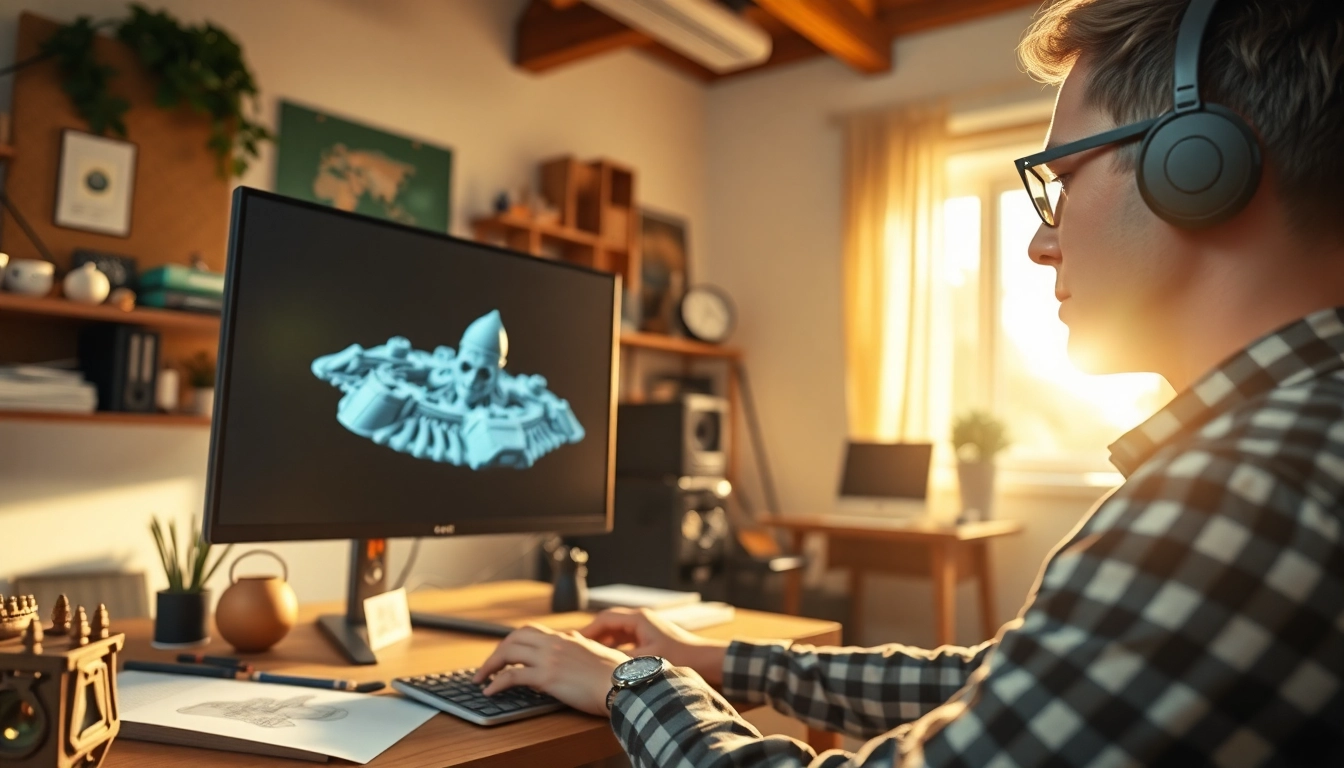 Showcasing 3D Modeling Services with a skilled artist at work, detailed design on screen, realistic textures.