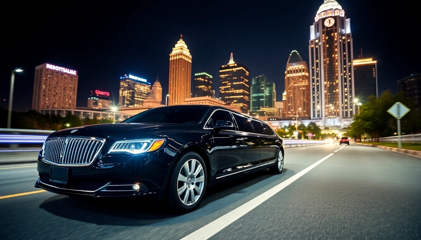 Experience premium car service Atlanta with our luxurious limousine parked against the city skyline.