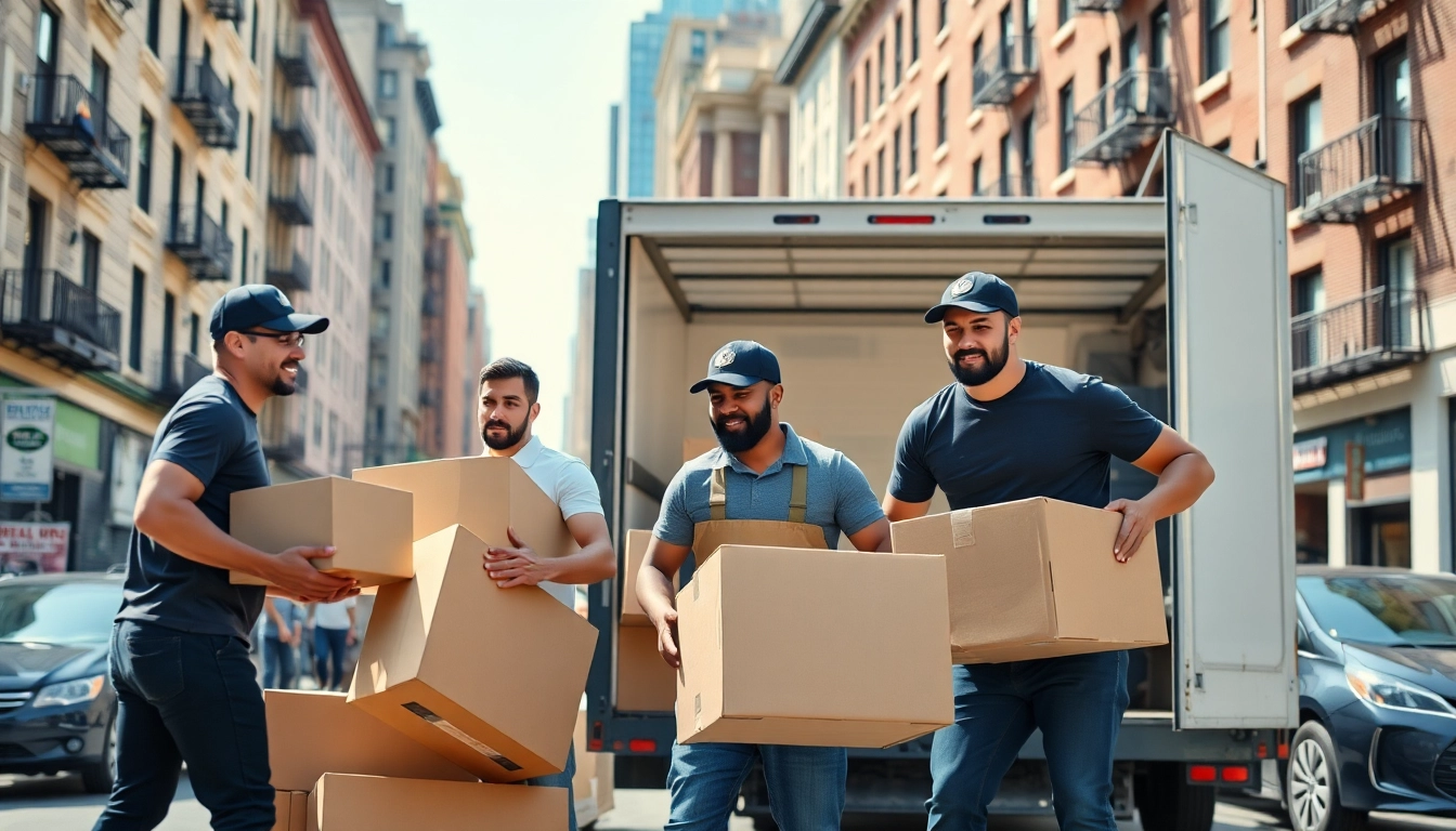 Bronx movers efficiently loading a truck in a bustling neighborhood, showcasing teamwork and urban energy.