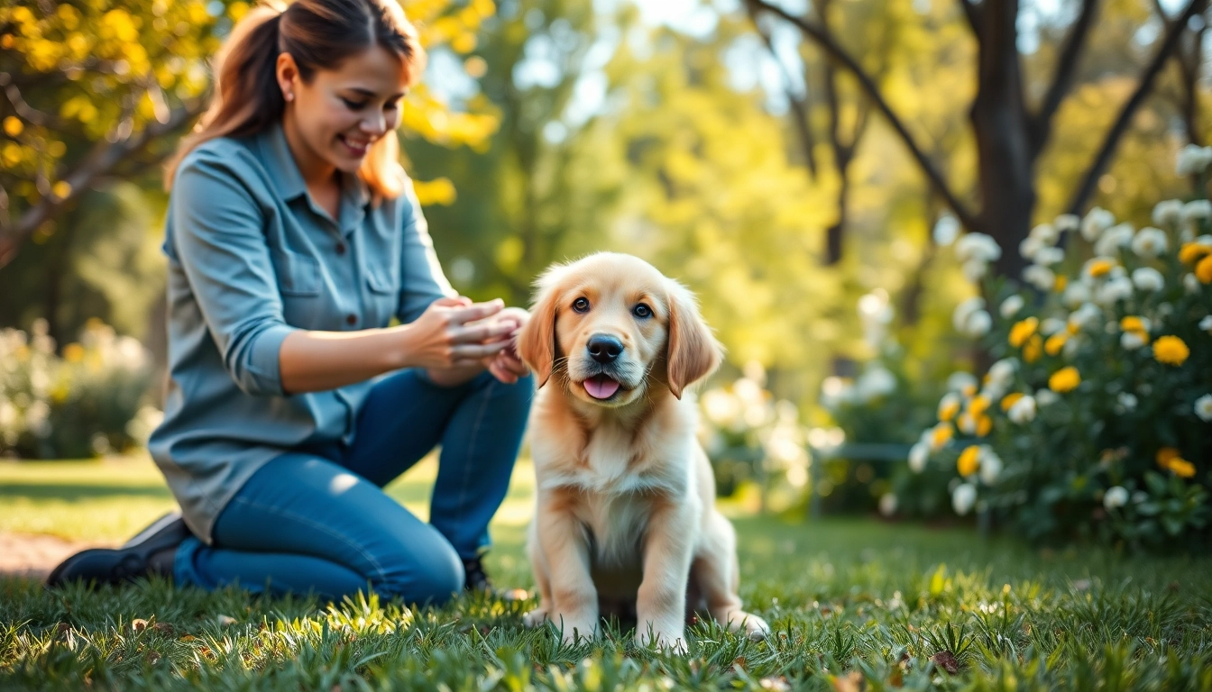 Engaging dog training session in Irvine featuring a puppy and trainer using positive reinforcement techniques.