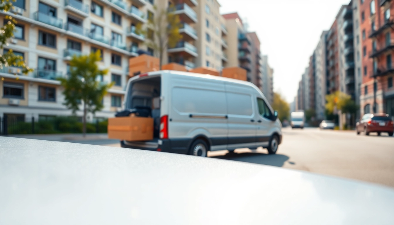 Efficient man and van moving service loading furniture into a van in a lively urban setting.