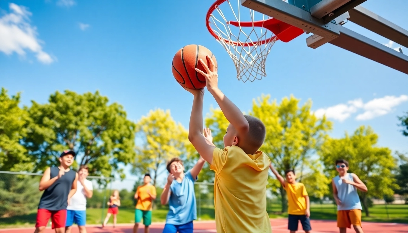 Young basketball enthusiasts practicing shooting hoops, filled with energy and excitement.