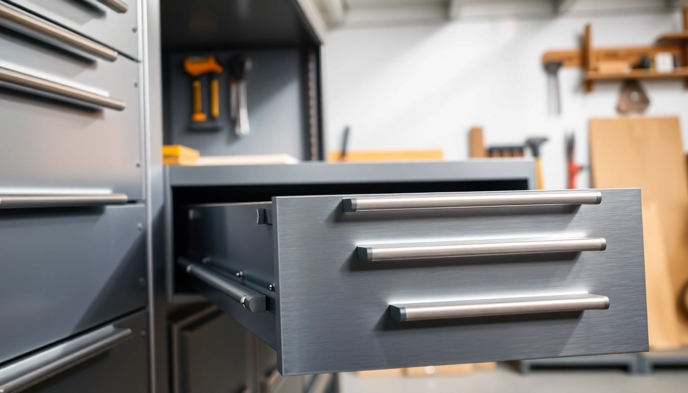 Showcase of a high-quality metal drawer system highlighting its durability and functionality in a workshop.