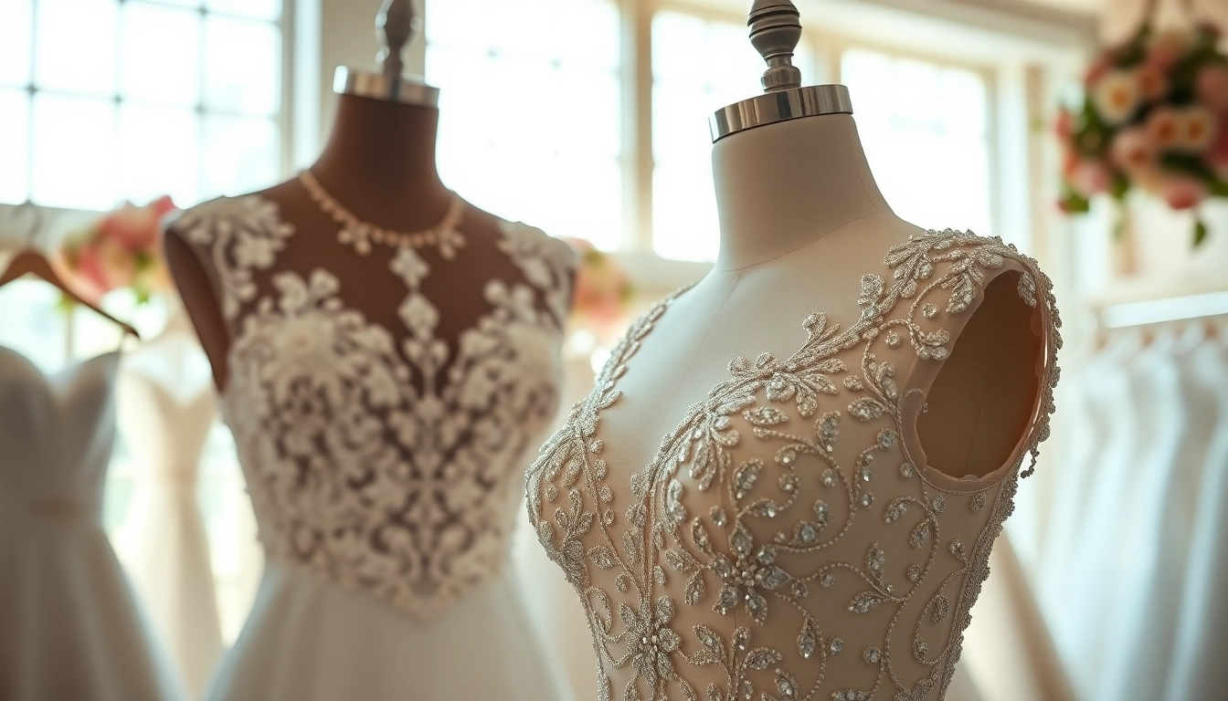 Admire the detailed Beaded Wedding Dresses showcased in a bright bridal shop atmosphere.