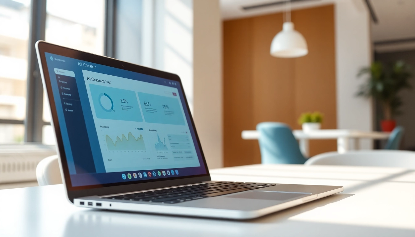 Analyze content integrity with an AI checker showcasing dynamic data insights on a laptop.
