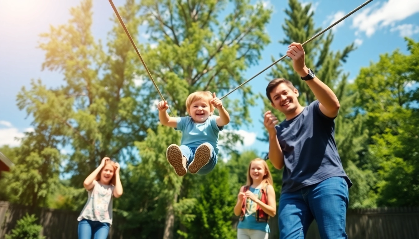 Excited child soaring on a ZIP WIRE KIT in a sunny backyard with family cheering.