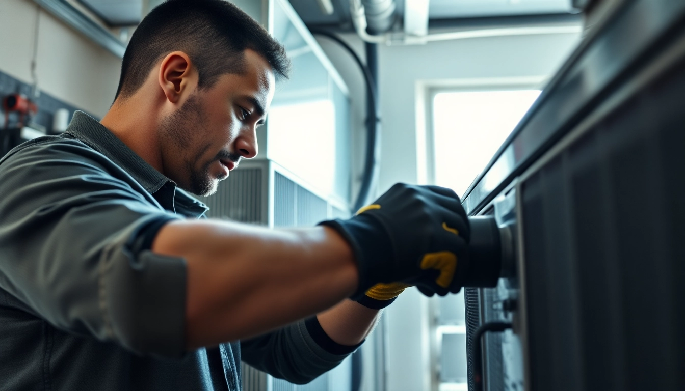 Performing HVAC tune-up Brentwood with a technician working on an air conditioning unit.