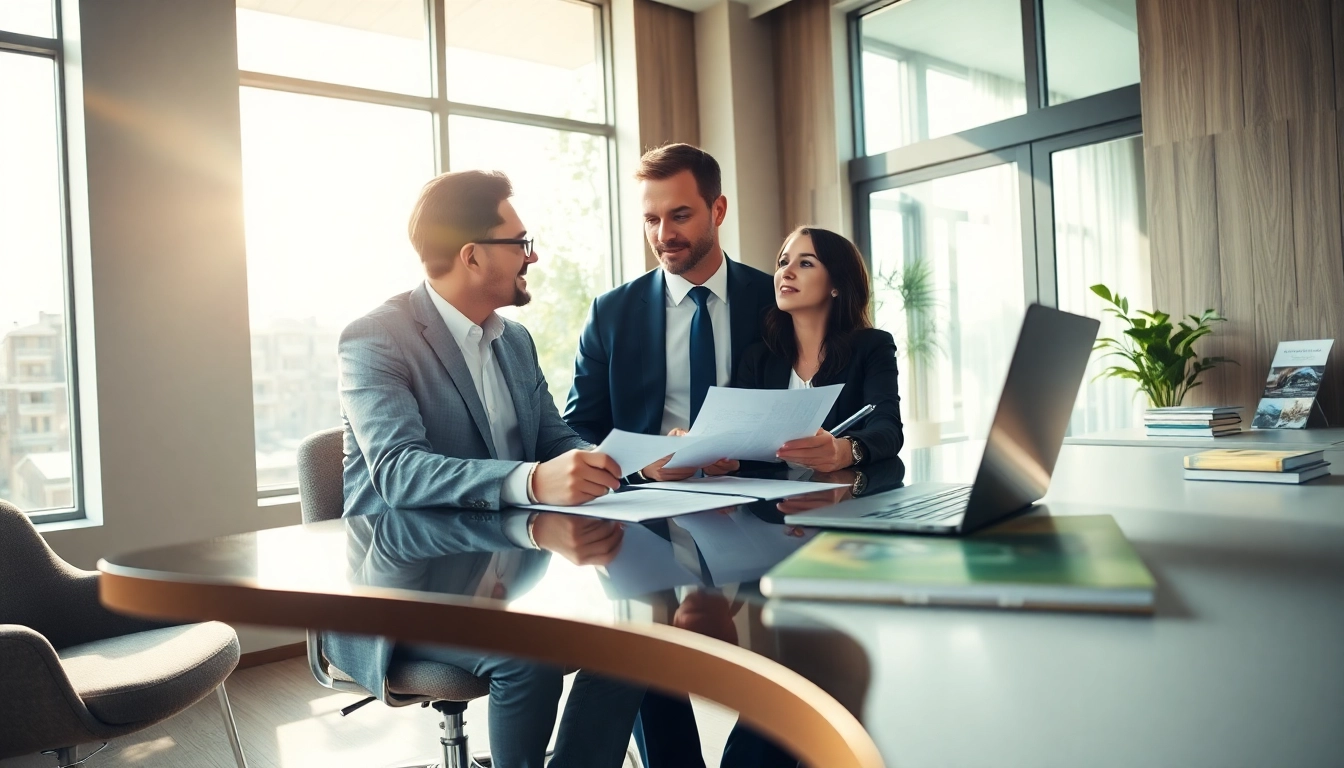 real estate lawyer consulting a client in a modern office with legal documents