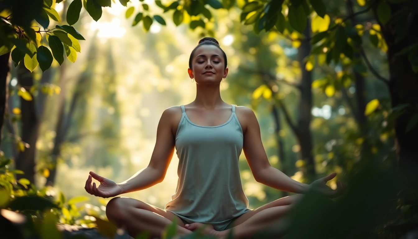 Practitioner meditating in nature while embracing yoga mantras for peace and serenity.