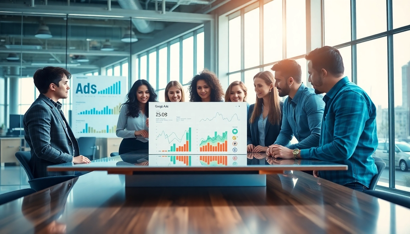 Marketing team discusses google ads edmonton performance metrics in a modern office.