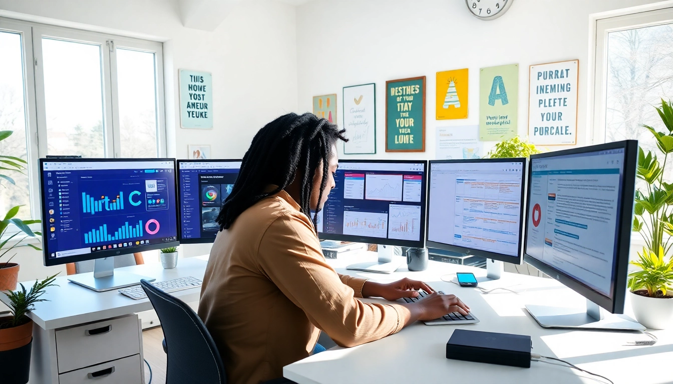Person engaged in social media and blog automation tasks in a bright office environment.