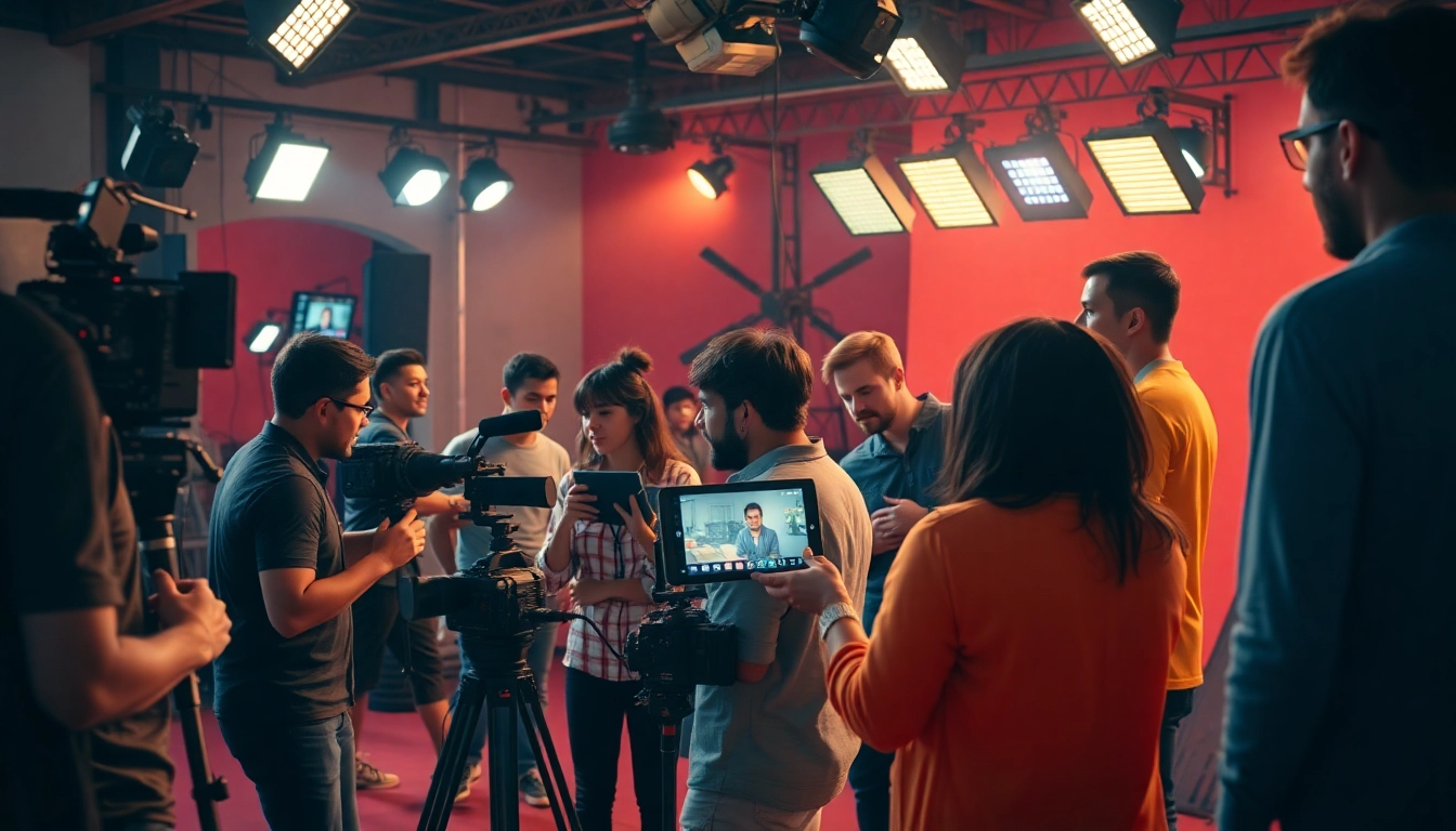 Capture the essence of 영상프로덕션 with a dynamic film crew collaborating on a vibrant production set.
