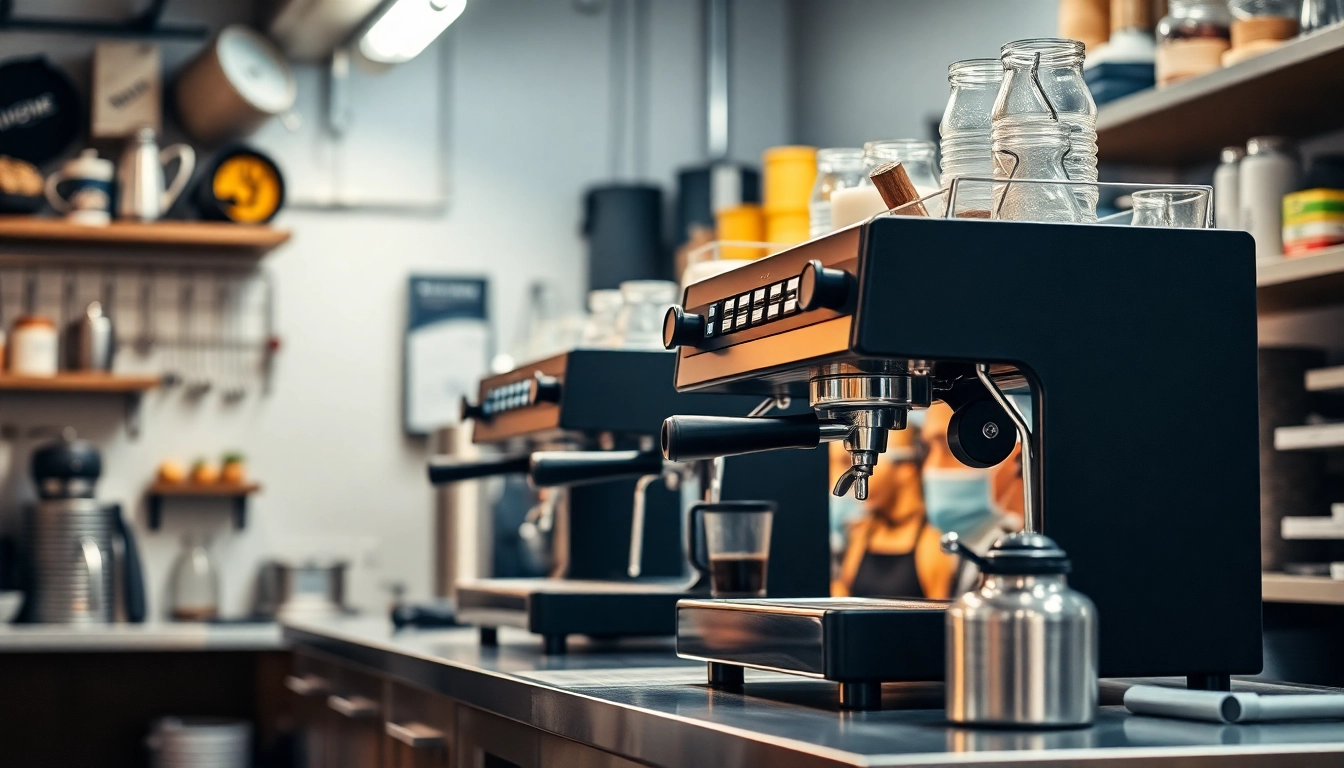 Cimbali servisi expertly maintaining espresso machines with professional equipment in a vibrant coffee environment.