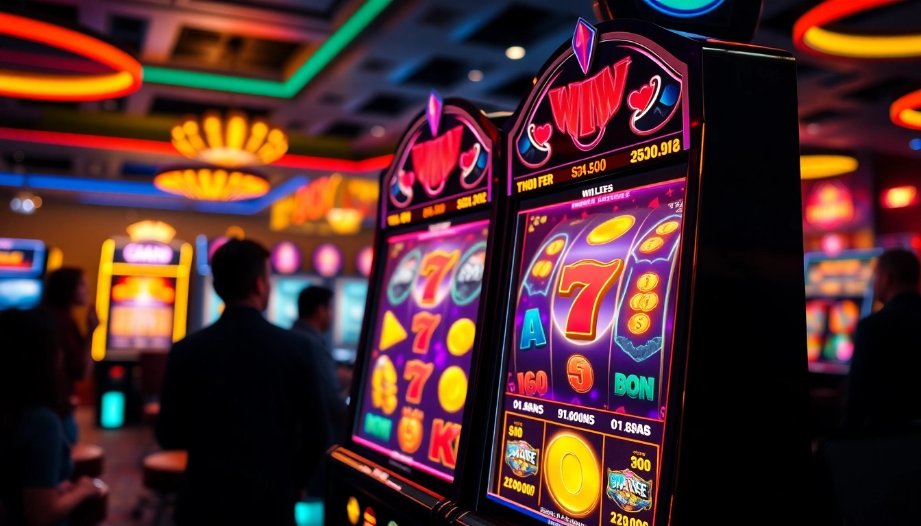 Memperlihatkan mesin slot batman138 rtp dengan pemenang yang bersinar dan suasana kasino yang meriah.