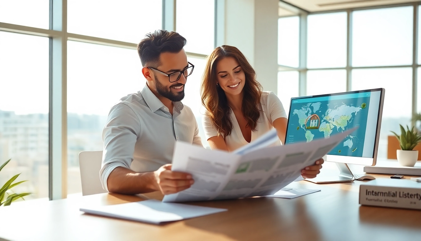 Reviewing international real estate advice on a modern office desk with listings and documents.