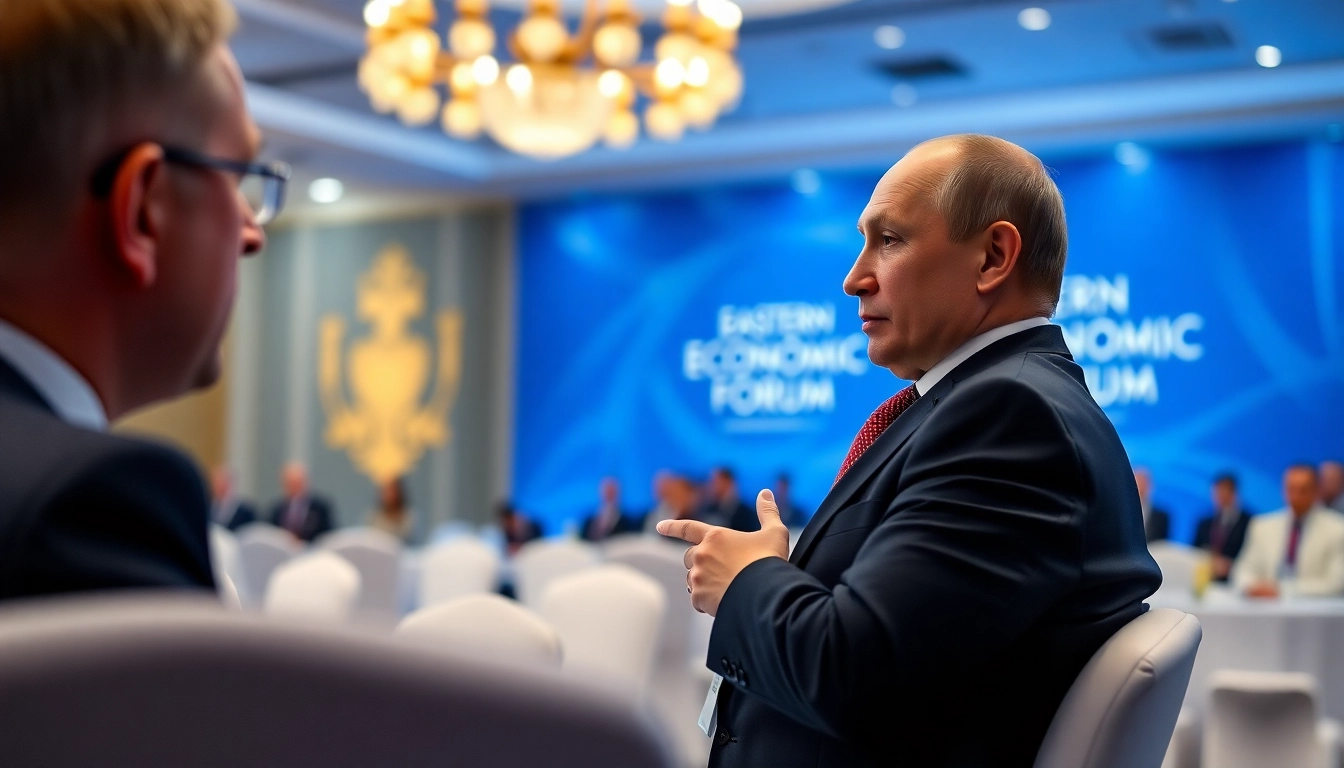 Capture a moment of Putin at the Eastern Economic Forum, showcasing média Afrique Russie in global discussions on economic partnerships.