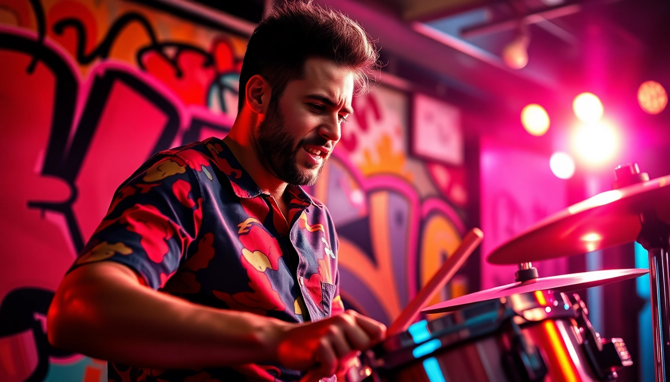 Exciting drummer shirt displayed on a passionate musician performing in an urban setting.