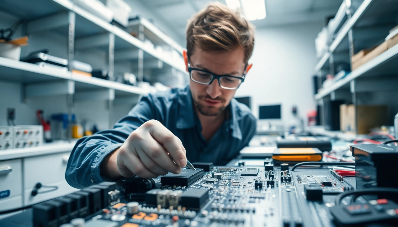 Technician analyzing dma firmware on a circuit board in a focused electronics lab setting.