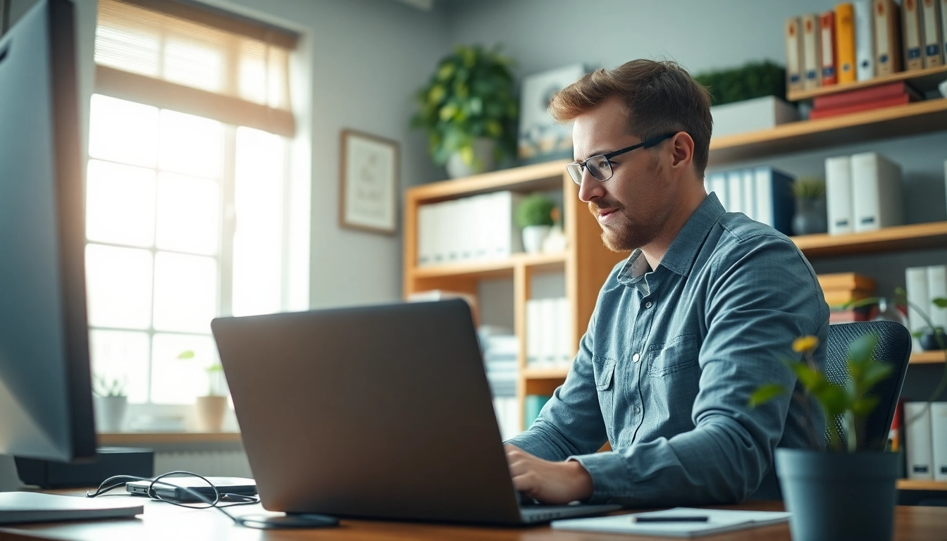 Technician providing computer help to a user in a bright office setting.