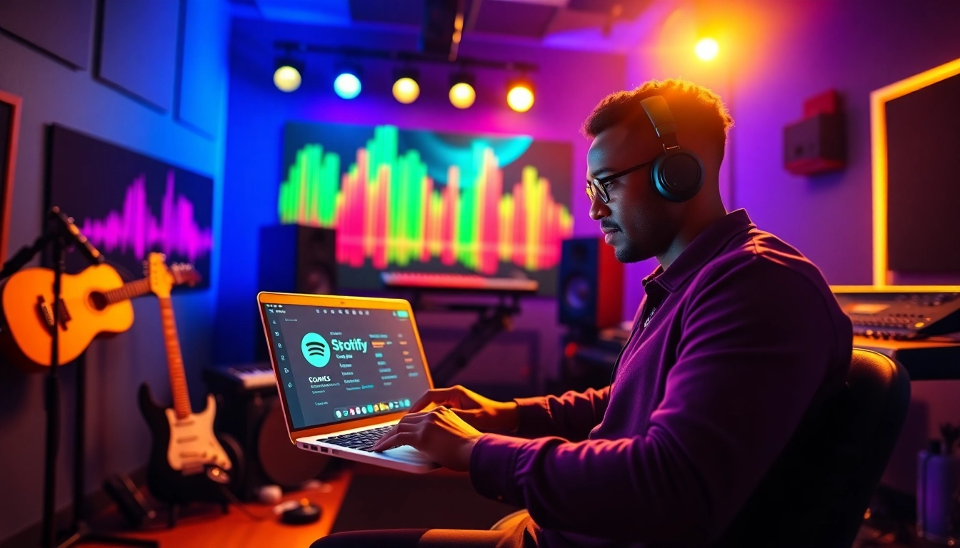 Boost your Spotify promotion visibility with a music artist in a vibrant studio setting.