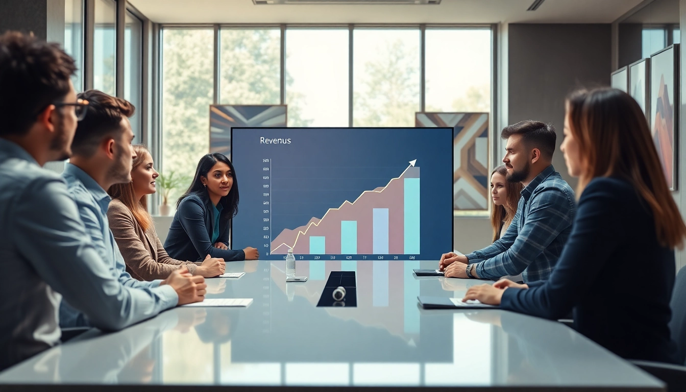Discussing revenue rocket lab growth in a bright, modern office setting with a diverse team.