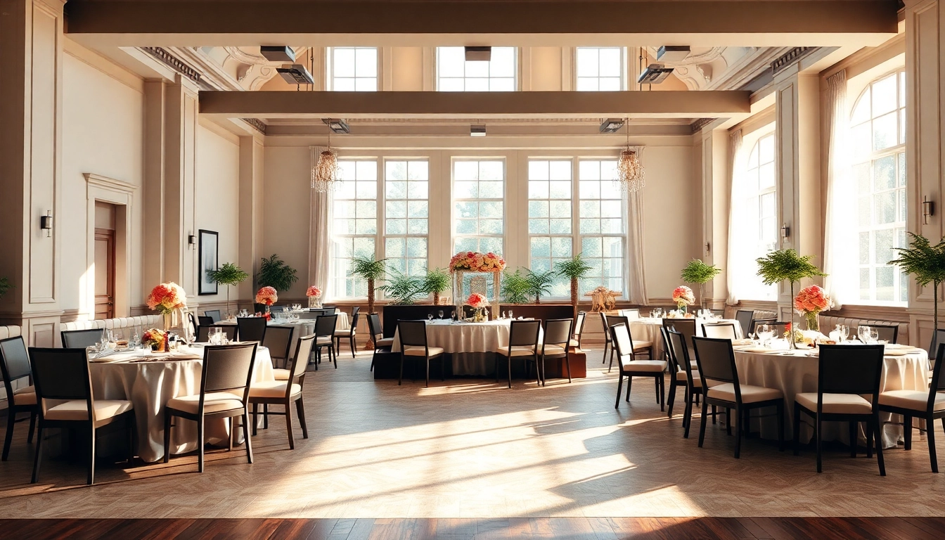 Showcasing the elegant city venue event center with decorated tables and natural lighting.