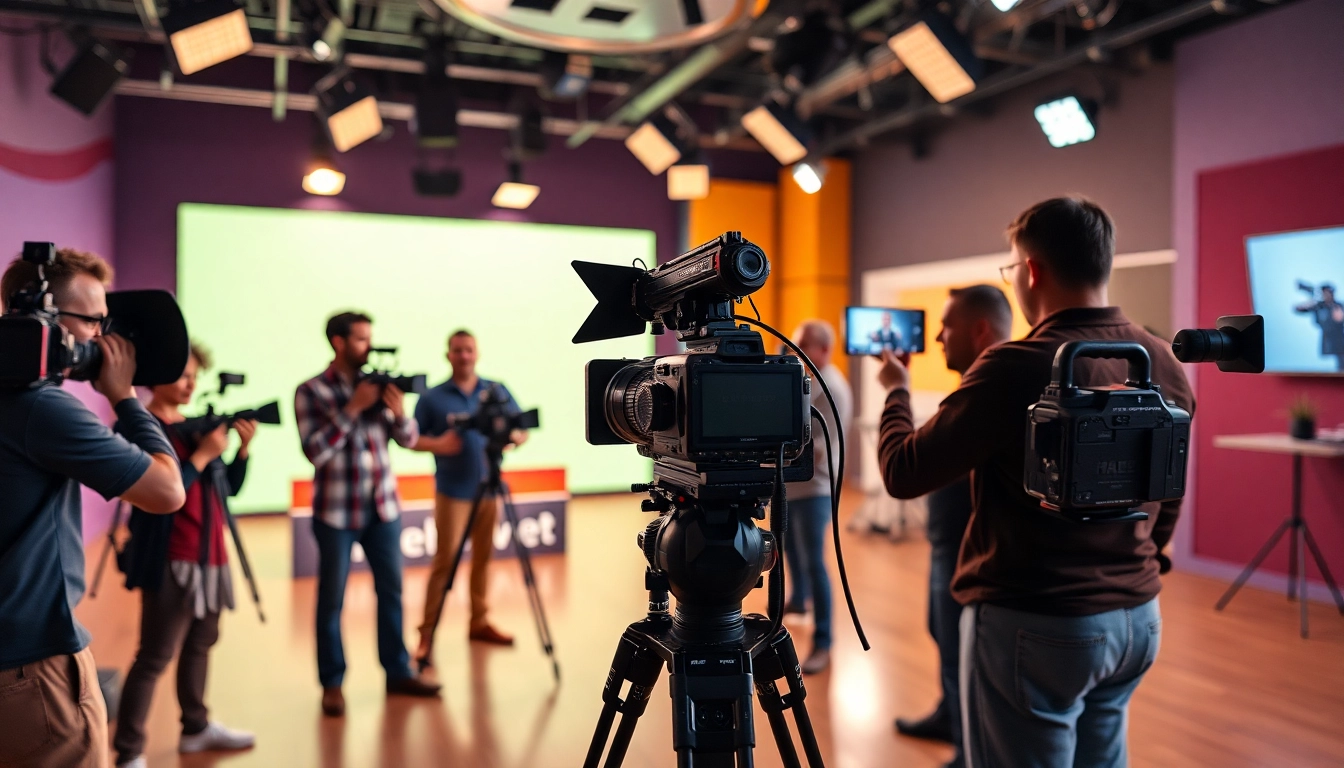 Capture the essence of 영상프로덕션 with a film crew actively collaborating in a vibrant studio environment.