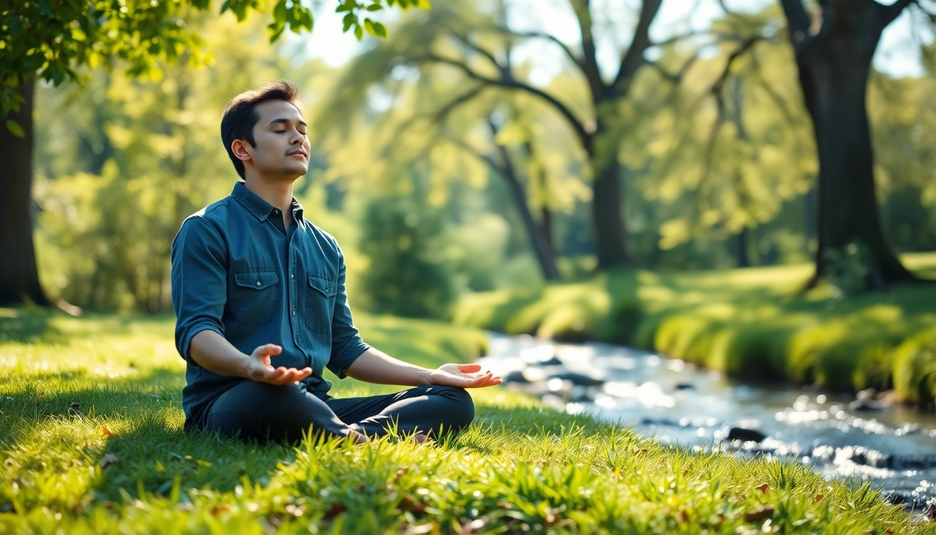 Practicing mindfulness meditation for dealing with anxiety in a serene outdoor setting.