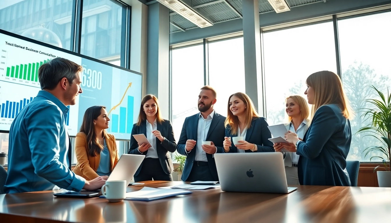 Collaboration of Quickplus Business Consultants in a bright, professional office setting.