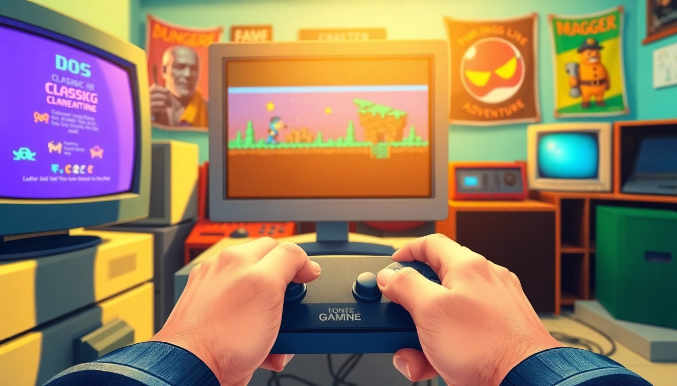 Play classic dos games online on a vintage computer setup adorned with nostalgic gaming elements.