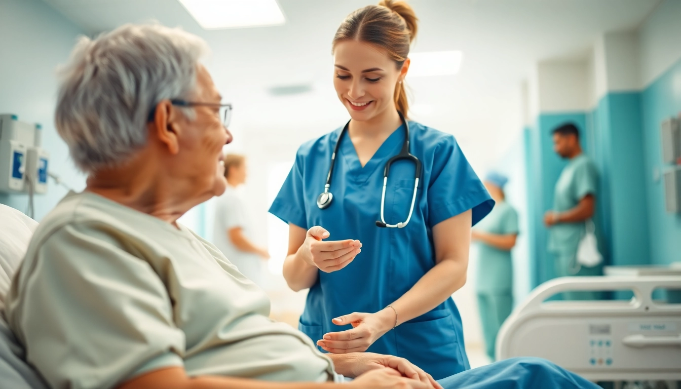 Compassionate nurse assisting patient in a hospital, showcasing Alabama Board of Nursing's commitment to quality care.