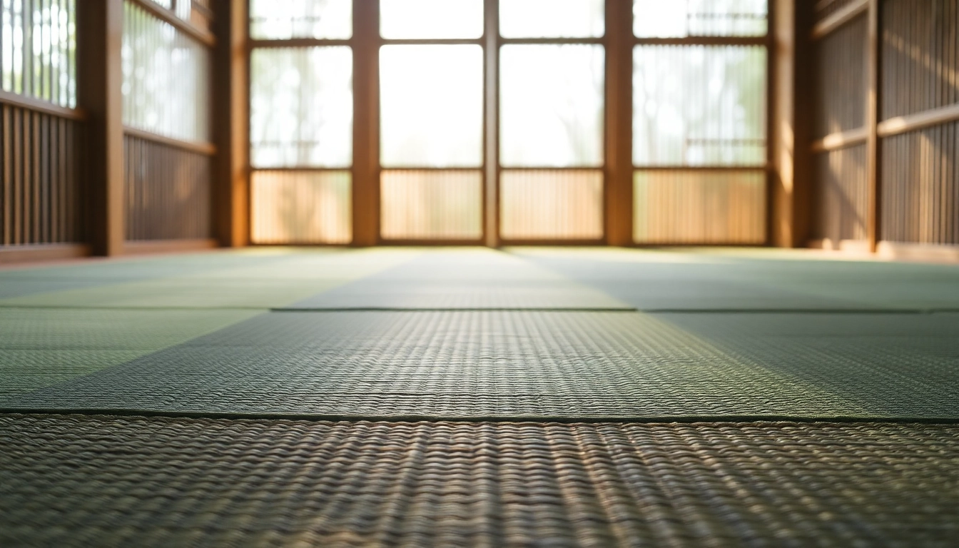 Practicar artes marciales en un tatami japones de alta calidad en un dojo sereno.