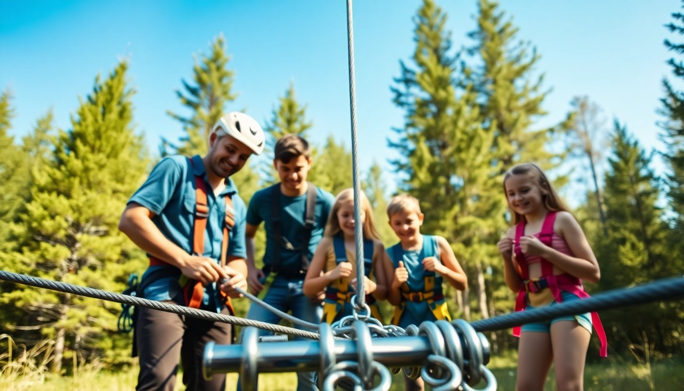 Family joyfully assembling a ZIP WIRE KIT in a sunlit forest.