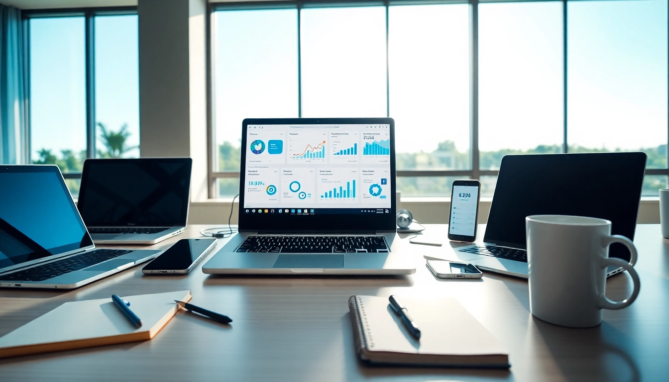 Visualize social media and blog automation tools displayed on a vibrant laptop in a bright workspace.