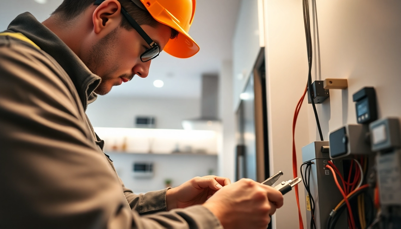 Skilled electrician providing Electrical Service by installing wiring in a modern kitchen setting.
