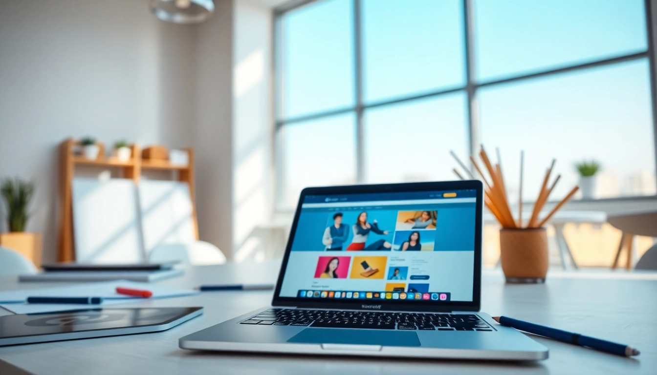 Create a vibrant website design in a professional workspace featuring a laptop with creative tools.