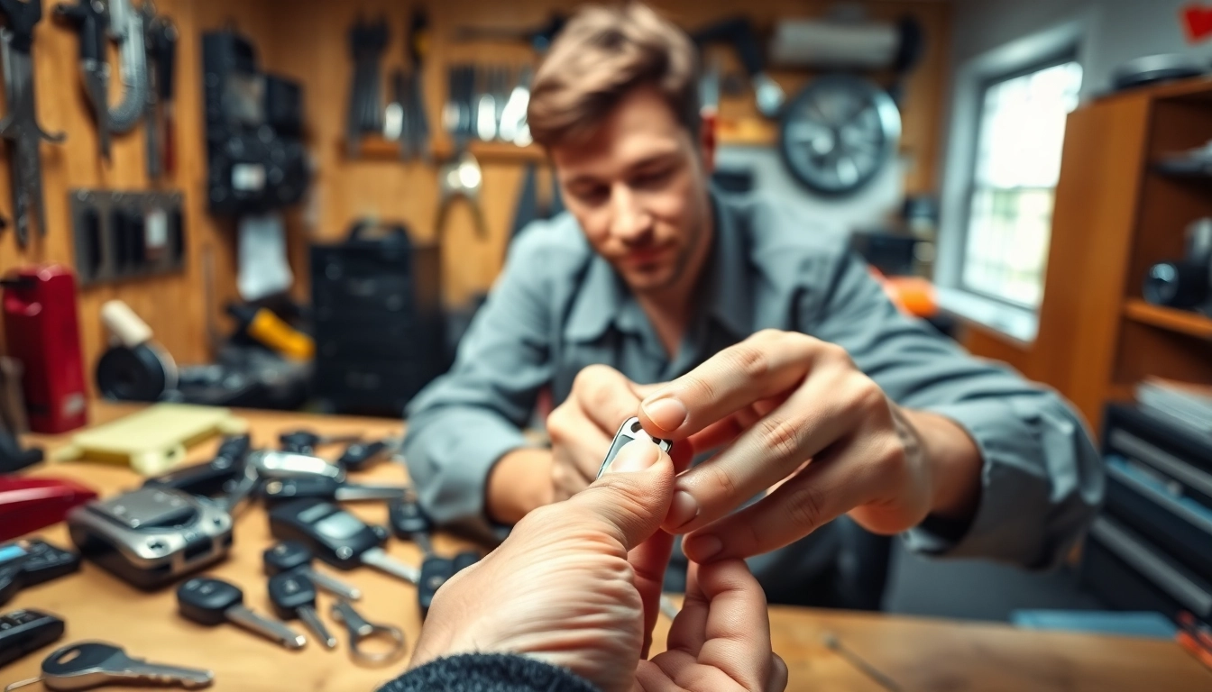 Expertly cutting Replacement Car Keys in a professional locksmith workshop.