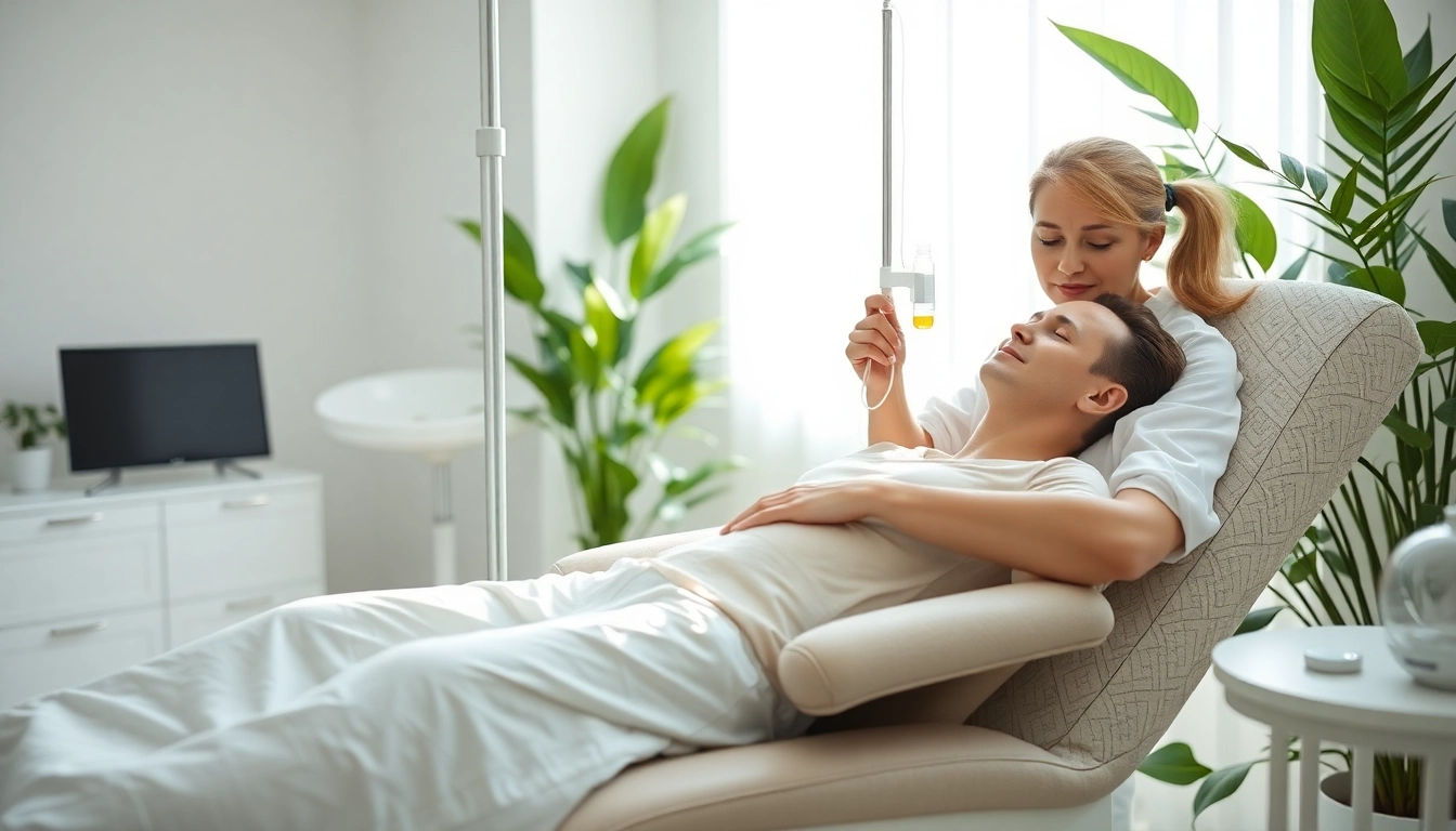 A patient receiving NAD IV therapy near me with a nurse in a modern, relaxing clinic environment.