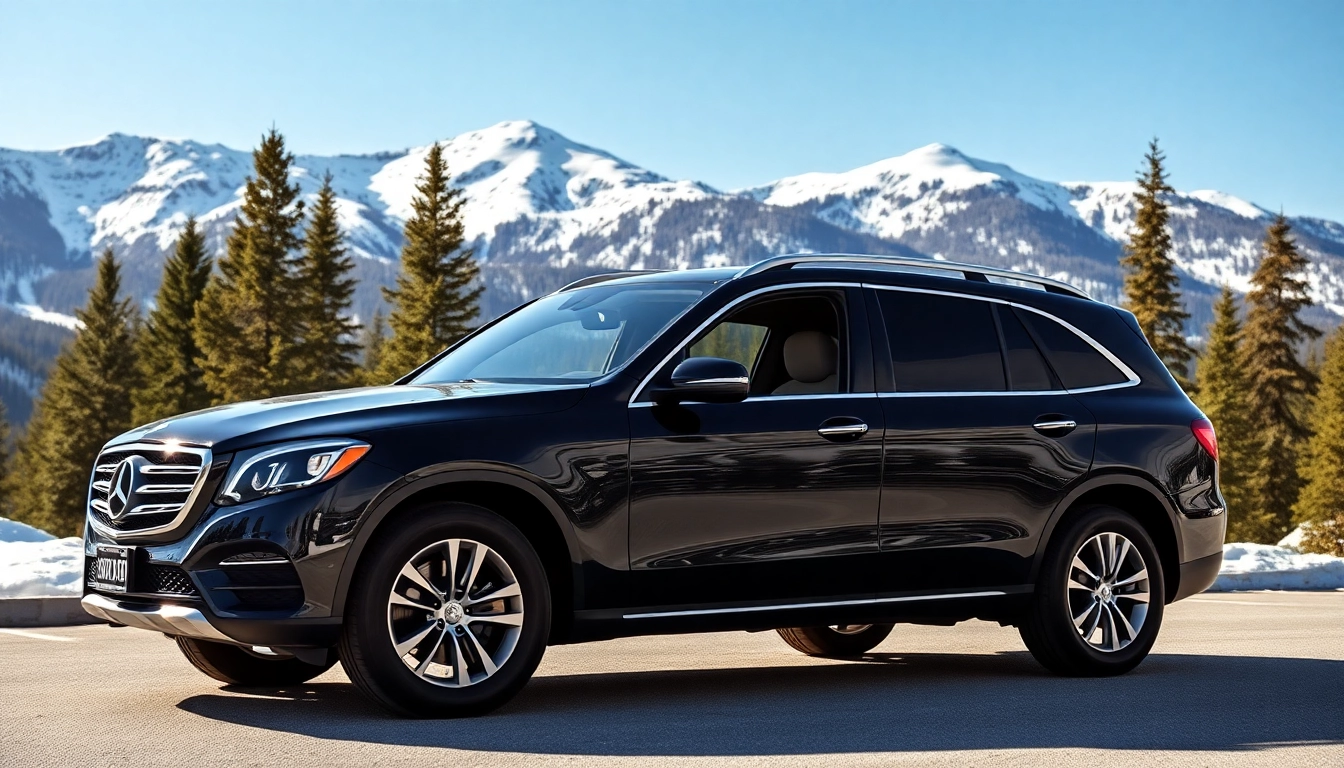 Whistler car service SUV parked in a scenic mountain landscape, highlighting luxury and comfort.