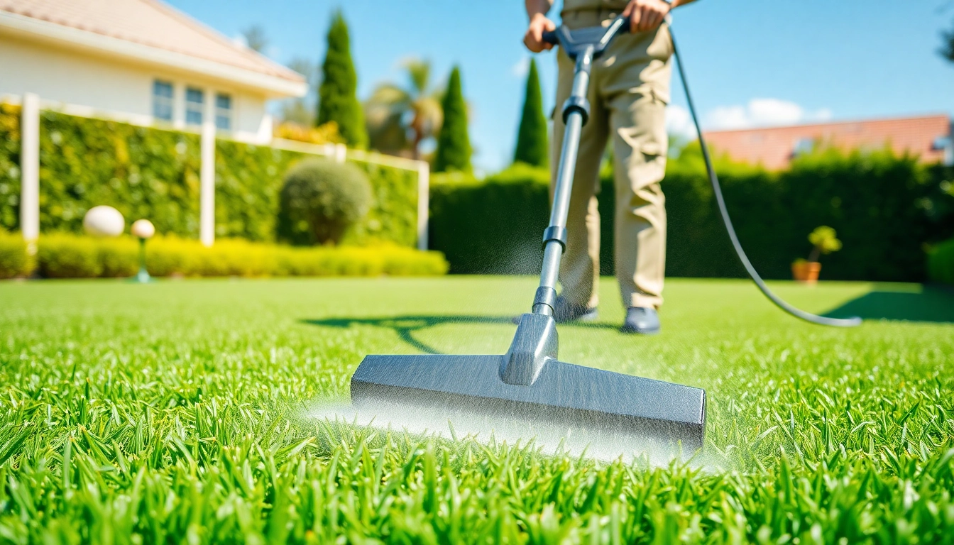 Engaging synthetic grass cleaning scene with a professional technician in a vibrant backyard.