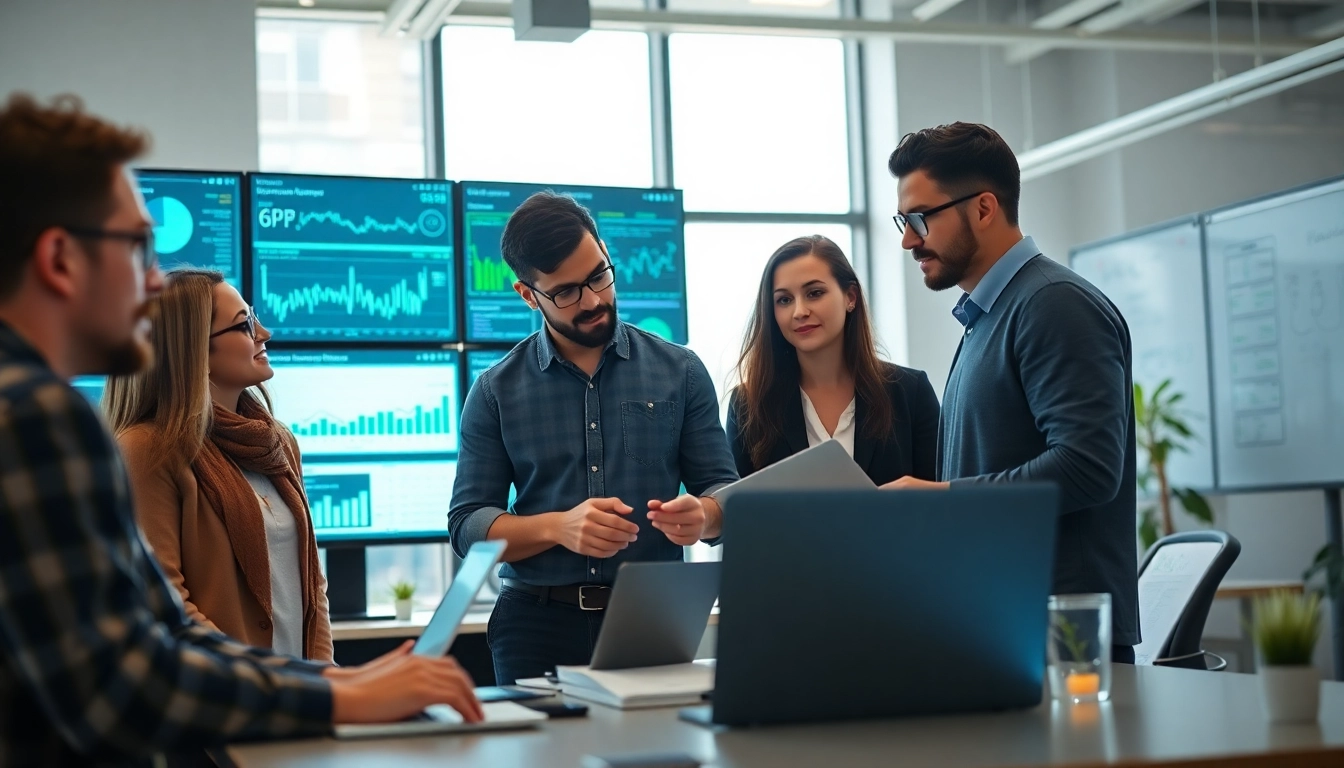 Site reliability engineering experts collaborating in a modern tech office, showcasing teamwork.