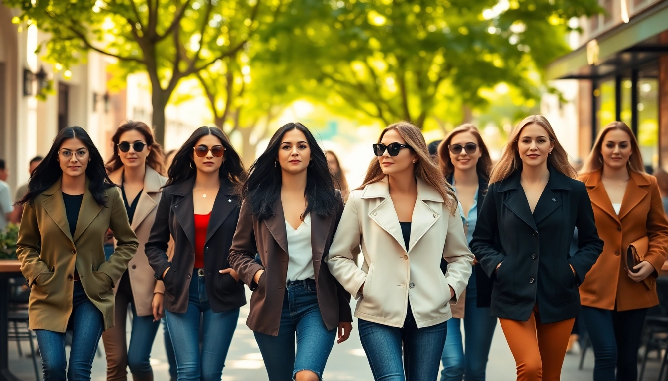 Stylish women showcasing trendy jacket women styles in an urban cafe setting.