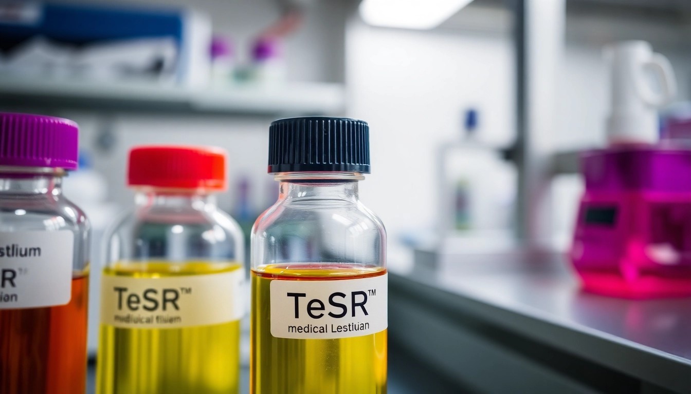 Showcase of TeSR™ media bottles with all check for feeder-free pluripotent stem cell culture in a lab.