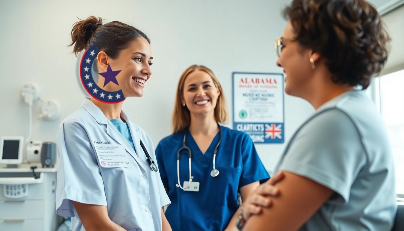 Nurse explaining certification details from the Alabama Board of Nursing to a patient in a professional setting.