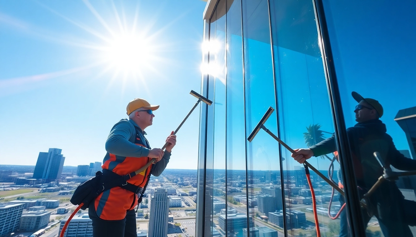 Window cleaning Sioux Falls showcasing professionals cleaning windows on a high-rise building.