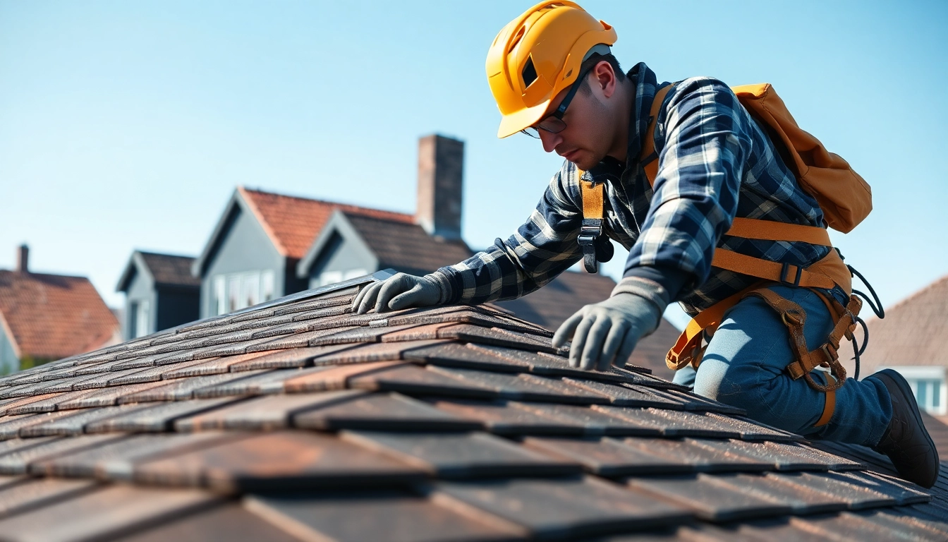 Expert dakdekker renkum installing shingles on a residential roof with safety gear.