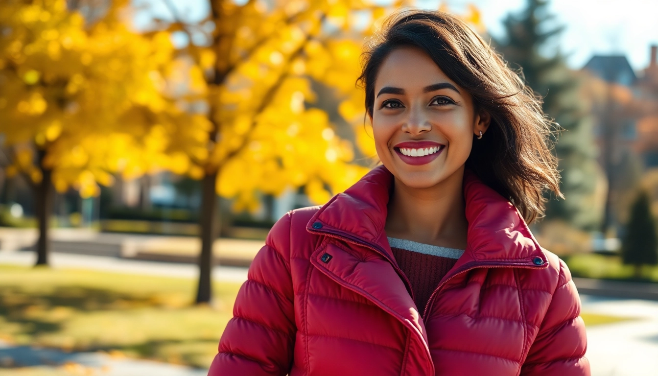 Model showcasing a stylish Puffer Jacket for women in a vibrant park.