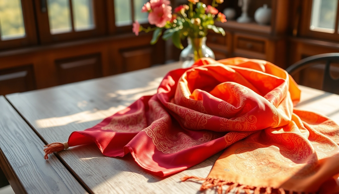 Shop for beautiful scarves near me with vibrant patterns and styles showcased on a rustic table.