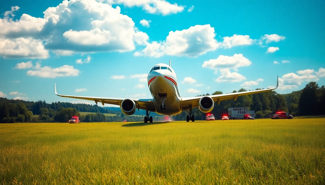 An airplane conducts an emergency landing in a grassy area under a bright blue sky.